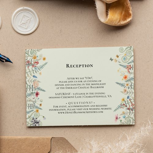 Simple Wildflower Fern Mint Wedding Reception Enclosure Card