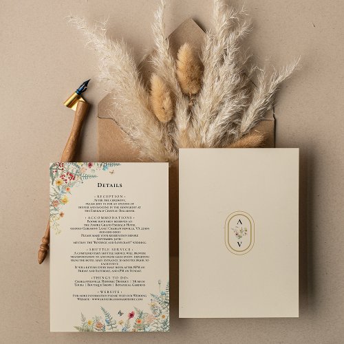 Simple Wildflower Fern Wedding Monogram Details Enclosure Card