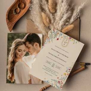 Simple Wildflower Fern Wedding Monogram Photo Invitation