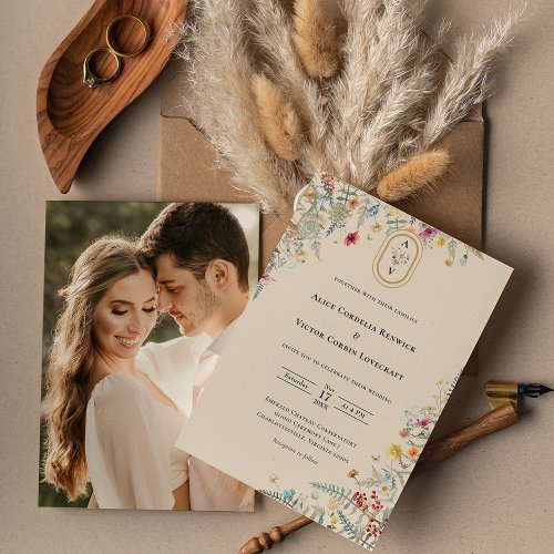 Simple Wildflower Fern Wedding Monogram Photo Invitation