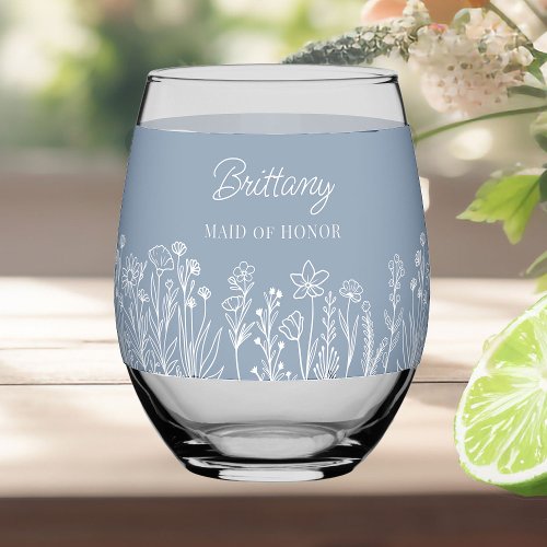 Simple Wildflower Floral Any Color Wedding Party Stemless Wine Glass