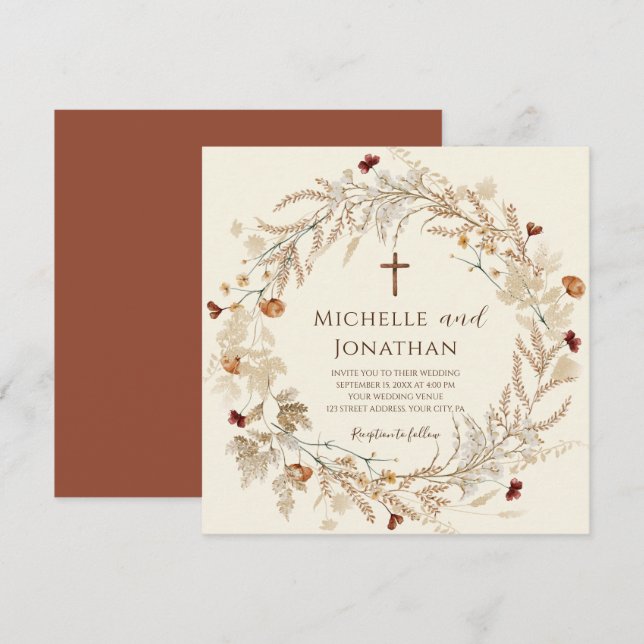 Simple Wildflower Floral Christian Cross Wedding Invitation (Front/Back)