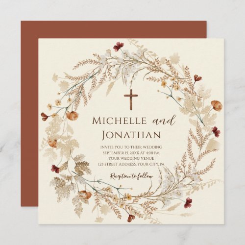 Simple Wildflower Floral Christian Cross Wedding Invitation