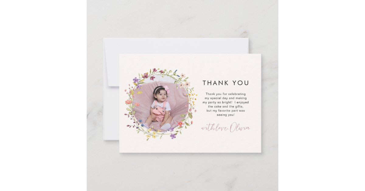 Simple Wildflower Floral Wreath Photo 1st Birthday Thank You Card | Zazzle