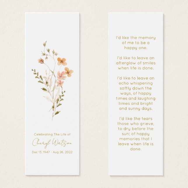 Simple Wildflower Funeral Memorial Bookmark (Front & Back)