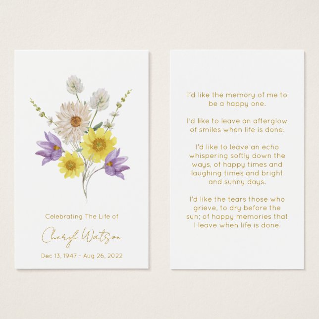 Simple Wildflower Funeral Memorial Prayer Card (Front & Back)