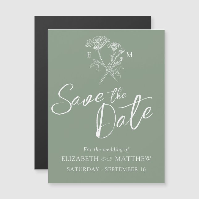 Simple wildflower green white save the date magnetic invitation (Front/Back)