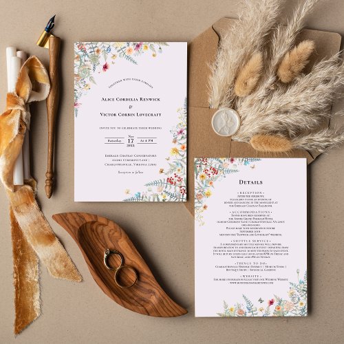 Simple Wildflower Lavender Wedding Details and Invitation