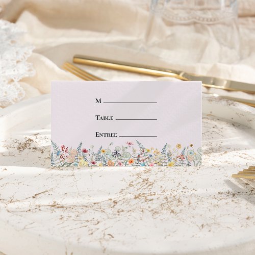 Simple Wildflower Lavender Wedding Entree Folded Place Card