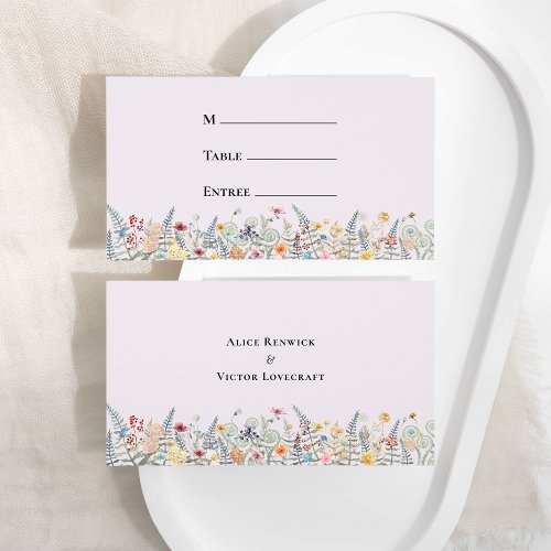 Simple Wildflower Lavender Wedding Menu Flat Place Card