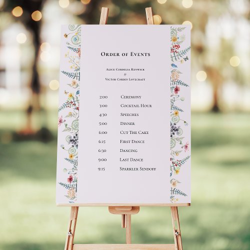 Simple Wildflower Lavender Wedding Order of Events Foam Board