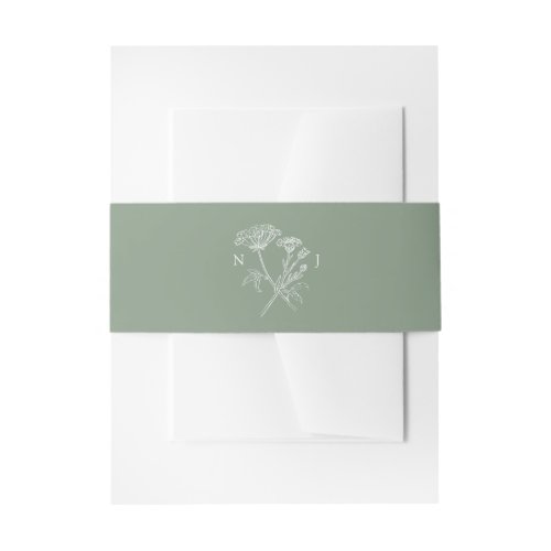 Simple wildflower meadow green white wedding invitation belly band