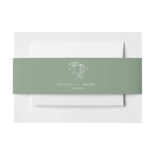 Simple wildflower meadow green white wedding invitation belly band