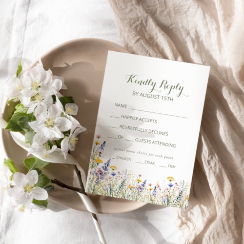 Simple Wildflower Menu Choice Wedding RSVP Card