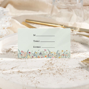 Simple Wildflower Mint Green Wedding Entree Folded Place Card