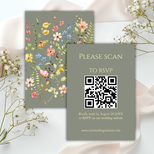 Simple Wildflower Sage QR Code & RSVP Wedding Card (Creator Uploaded)