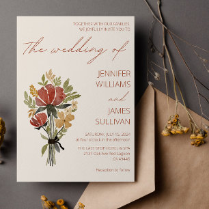 Simple Wildflower Terracotta Beige Wedding Invitation