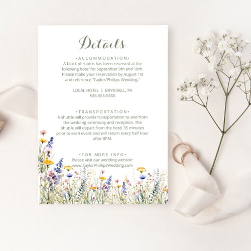Simple Wildflower Wedding Details Enclosure Card