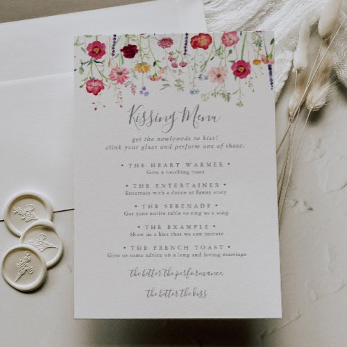 Simple Wildflower Wedding Kissing Menu Game Card