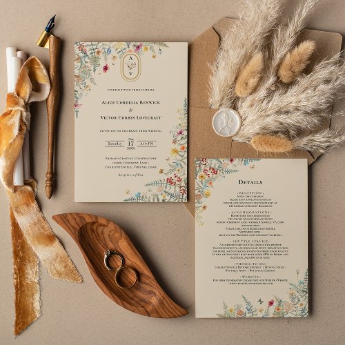 Simple Wildflower Wedding Monogram Details and Invitation