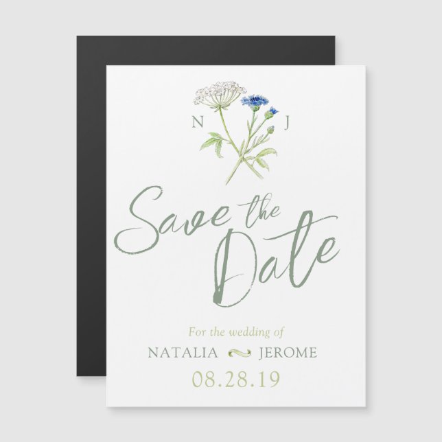 Simple wildflower white green save the date magnetic invitation (Front/Back)