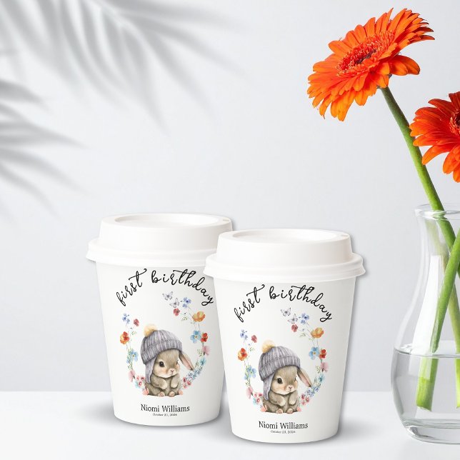 Simple Wildflower Woodland Bunny 1st Birthday  Paper Cups (Simple Wildflower Woodland Bunny 1st Birthday Paper Cup)