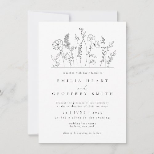Simple Wildflowers Garden Lineart Wedding Invitation