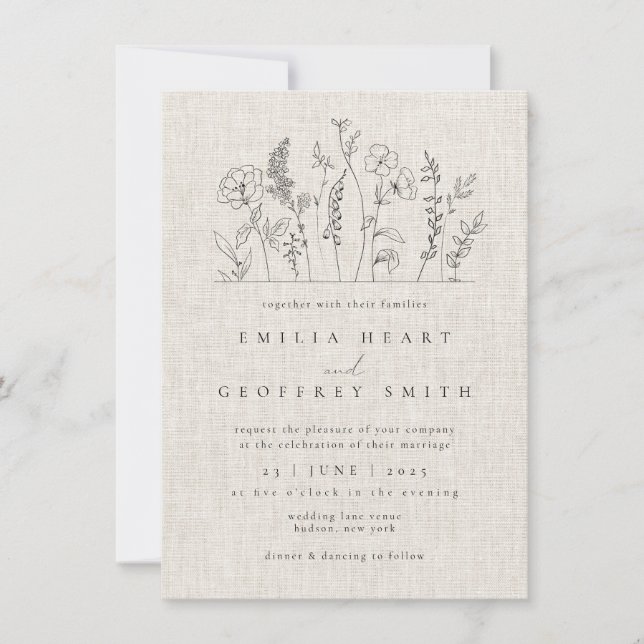 Simple Wildflowers Garden Minimalist Art Wedding Invitation (Front)