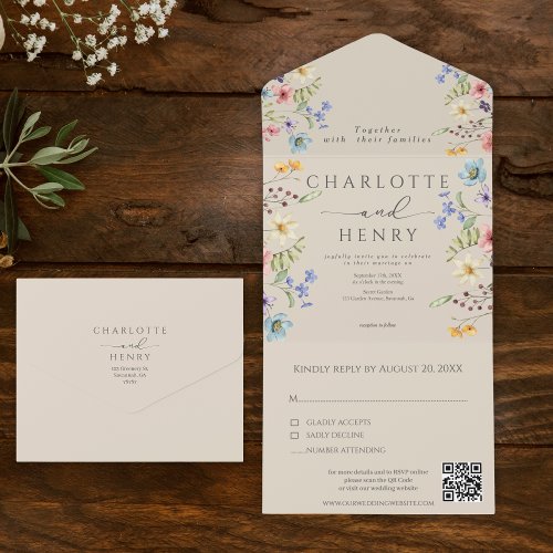 Simple Wildflowers Garden  QR Code Wedding All In One Invitation