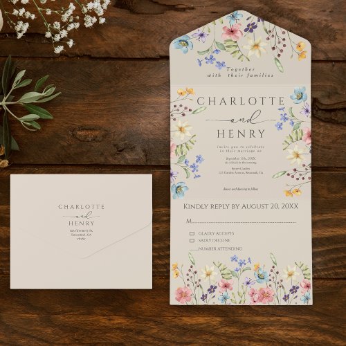 Simple Wildflowers Garden Wedding All In One Invitation