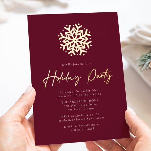 Simple Wine and Gold Snowflake Holiday Party Foil Invitation