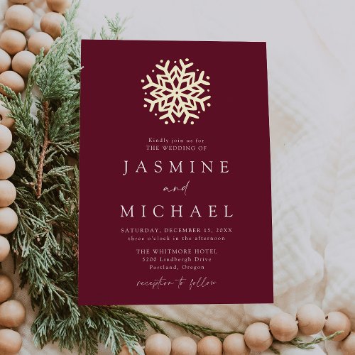 Simple Wine and Gold Snowflake Wedding Foil Invitation