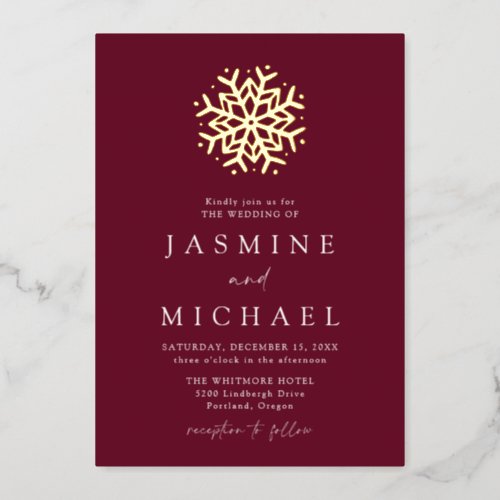 Simple Wine and Gold Snowflake Wedding Foil Invitation