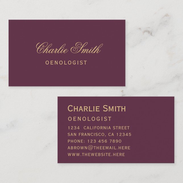 Simple Wine Color Golden Elegant Script Business C Card (Front/Back)