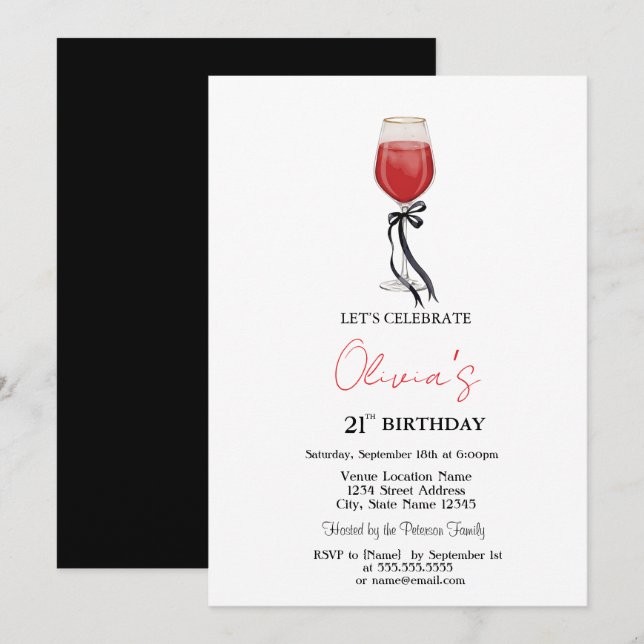 Simple Wine Glass Black Bow 21th Birthday Invitation (Front/Back)