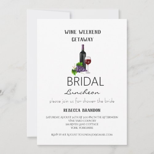 Simple Wine Weekend Getaway Bridal Luncheon  Invitation