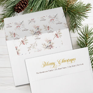 Simple Winter Birds Merry Christmas Gold Script Envelope
