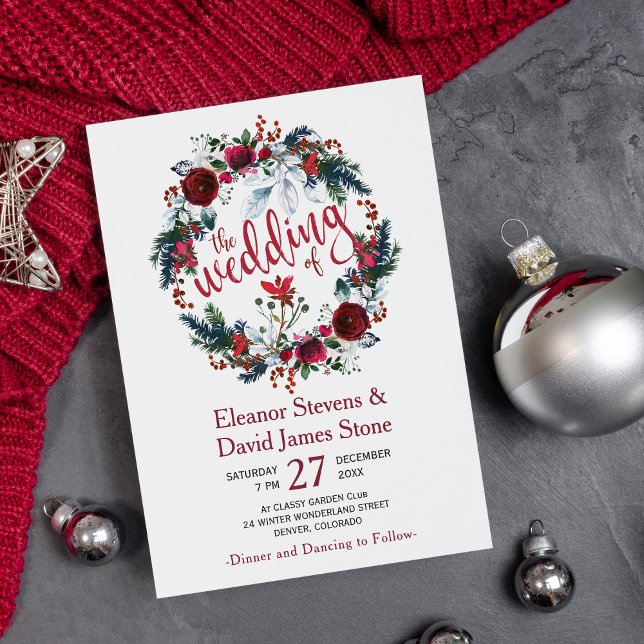 Simple winter burgundy floral wreath wedding invitation (Creator Uploaded)