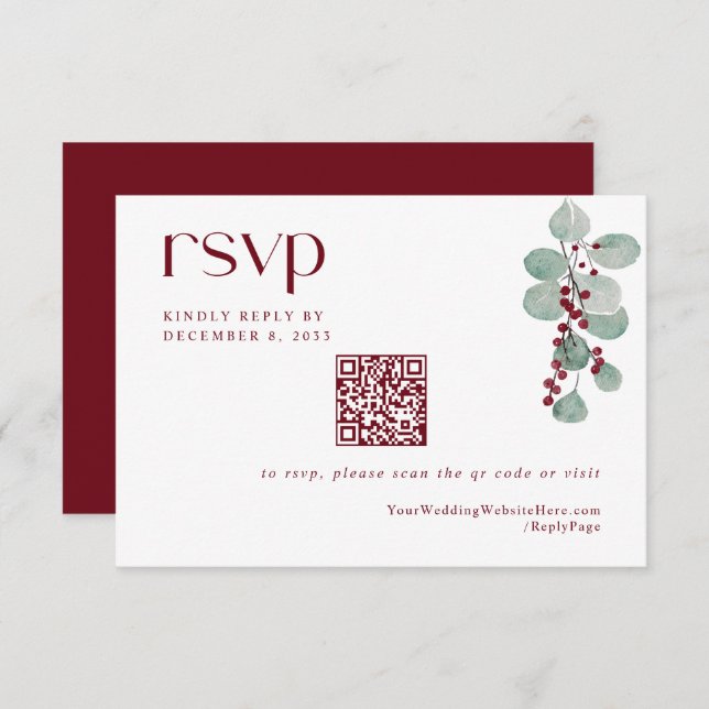 Simple Winter Burgundy Holiday Wedding QR Code RSVP Card (Front/Back)