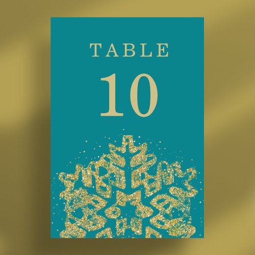 Simple Winter Christmas Holiday Wedding Gold Teal  Table Number