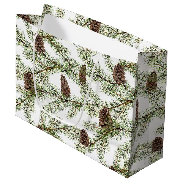 Simple Winter Fir Cone Watercolor Large Gift Bag (Front Angled)