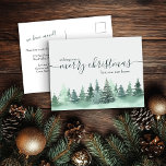 Simple Winter Forest Holiday Moving Announcement Postcard<br><div class="desc">Stylish and simple holiday moving announcement card with watercolor winter forest and elegant handwritten script typography. The wording reads "wishing you a merry christmas from our new home" and you can edit this to read "from my new home" if required. All of the wording on the back of the postcard...</div>