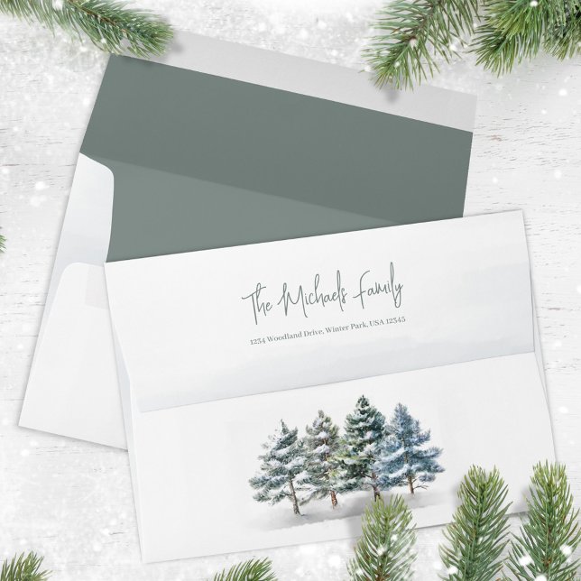 Simple Winter Green Return Address Envelope (Winter woodland custom envelope with watercolor pine trees. )