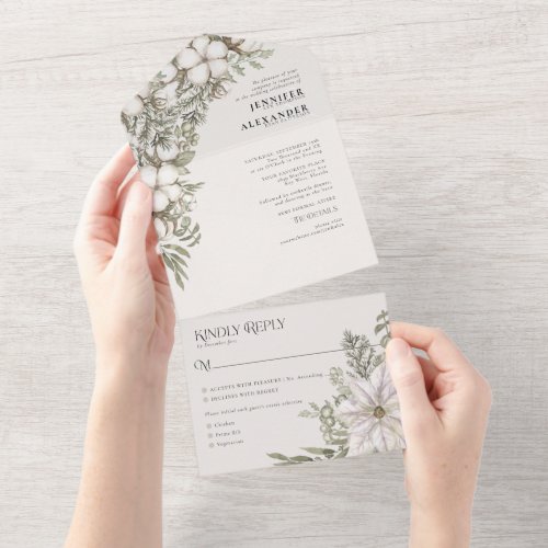 Simple Winter Greenery Ivory Cream Taupe Wedding  All In One Invitation