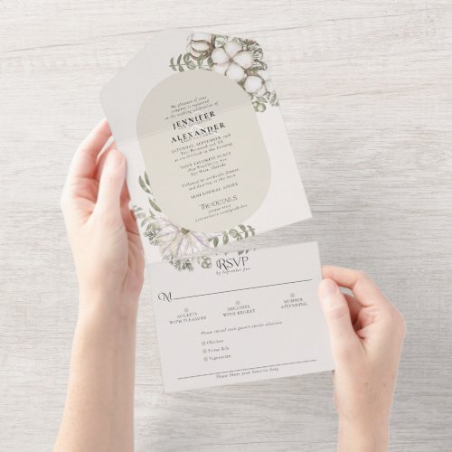 Simple Winter Greenery Oval Ivory Cream Wedding All In One Invitation