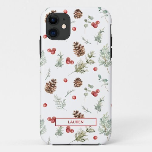 Simple Winter Pine Berry Botanical Name Pattern iPhone 11 Case