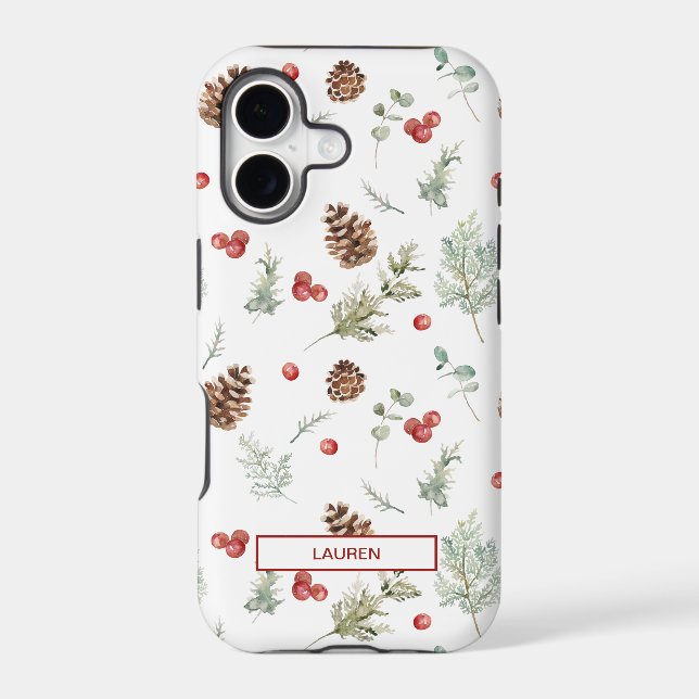 Simple Winter Pine Berry Botanical Name Pattern Iphone Case (Back)