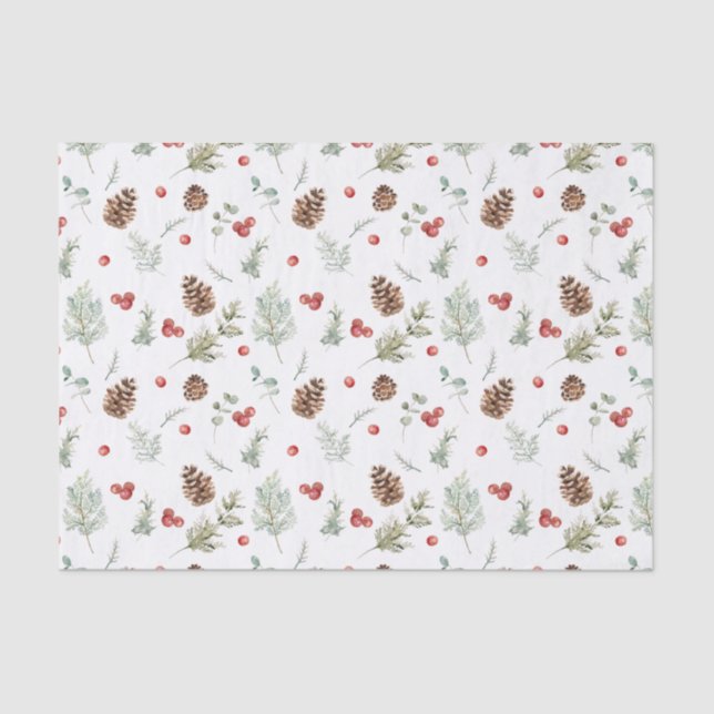 Simple Winter Pine Berry Watercolor Christmas Tissue Paper (Front)