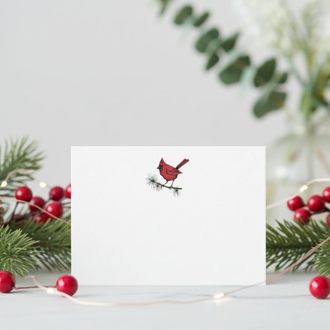Simple Winter Red Cardinal Bird Note Card (Simple Red Cardinal on Pine Branch Illustration Winter Note Card in White. Elegant Red Bird for Xmas)