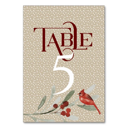 Simple Winter with Cardinal Wedding Reception  5 Table Number